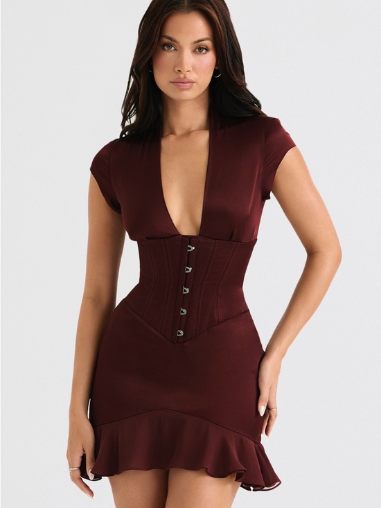 House of CB Dresses & Skirts - House of CB TIANNA Wine Red Ruffle Corset Dress
